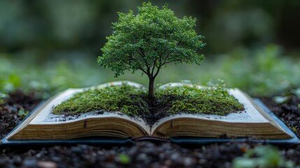 Tree Growing from Open Book Surrounded by Nature's Freshness