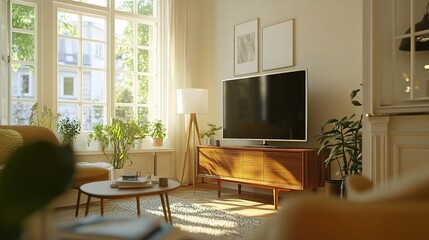 Cozy Scandinavian Living Room with TV and Green Plants