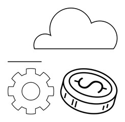 Cloud above a line, gear, and dollar coin technology, operations, finance. Ideal for cloud services, financial growth, technical support, business operations IT infrastructure cloud solutions