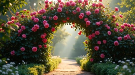 Fototapeta premium Blooming Roses Archway Leading to Sunlight Garden