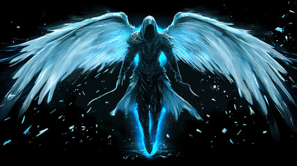 Radiant angelic figure with blue aura. Seraphic. Illustration