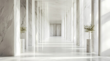 Sanctuary aisle pristine white marble flanked by minimalist walkway poles. Seraphic. Illustration