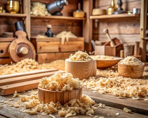 In a warm, rustic workshop, shavings scatter across wooden surfaces as artisans craft beautiful pieces. The soft glow of twilight filters in, illuminating tools and creativity