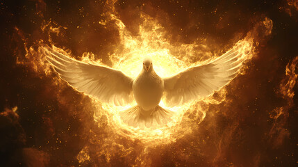 Seraph of love and devotion: dove with flaming halo, representing the seraphic spirit of unconditional love and devotion. Seraphic. Illustration