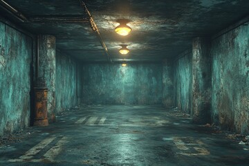 A dimly lit, abandoned parking garage with peeling walls and scattered debris.