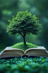 Tree Growing from an Open Book Surrounded by Greenery and Nature
