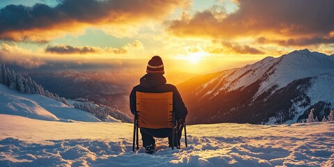 Obraz premium beautiful scene of back view a hiker sit on the chair in the snow mountain with beautiful panorama view at sunset 