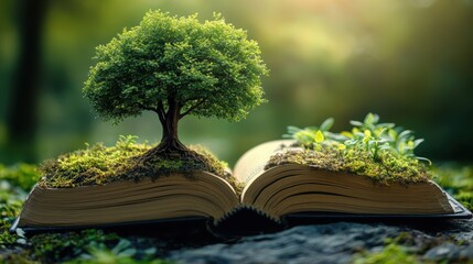 Tree Growing from Open Book Surrounded by Lush Greenery and Light