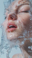 Fototapeta premium Captivating Moment of a Young Woman With Water Splashing Around Her Face in a Serene and Artistic Display of Beauty