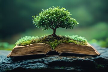 Tree Growing from Open Book in Lush Green Environment