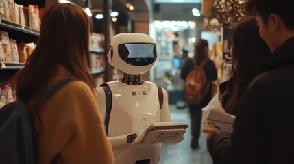 Robot assisting shoppers in a grocery store.