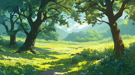 Fototapeta premium kawaii anime cartoon spring season blooming flower Meadow and mountain forest happy day background