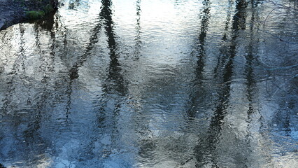 The forest landscape with one river running in the valley in winter
