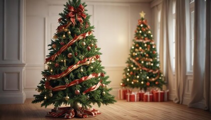 Detailed fir Christmas tree with ribbons and bows, decorative, ribbons, festive colors