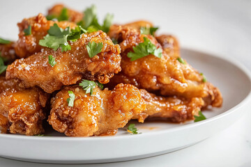 fried chicken wings and legs, slightly overlapping on a matte white plate. The chicken has a crunchy, golden coating and is garnished with fresh parsley. 