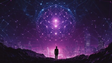 Fototapeta premium Silhouette of a person gazing at a glowing cosmic sphere above a futuristic cityscape.