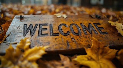 A wooden welcome sign amidst fallen autumn leaves, creating a warm, inviting atmosphere.