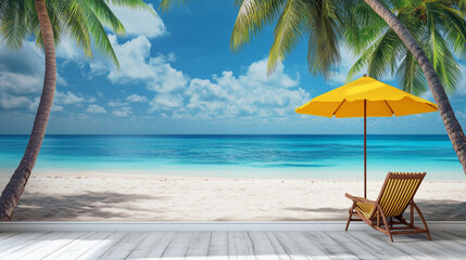 Obraz premium A tropical beach with soft white sand stretching into the distance. In the foreground, a beach umbrella shades a colorful chair. 