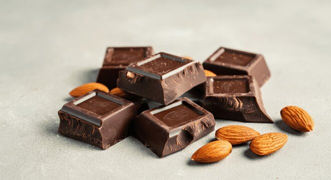 Gourmet dark chocolate bars with almonds on neutral background for dessert enthusiasts National Bittersweet Chocolate Day