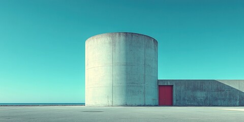 A Concrete Cylindrical Structure with a Red Door Against a Blue Sky