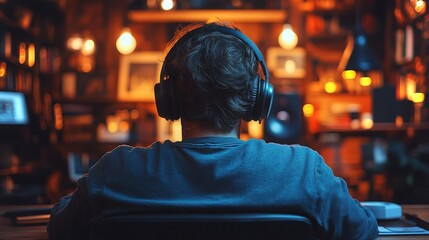Obraz premium A person enjoying music in a cozy, dimly lit room filled with warm lights and decorations