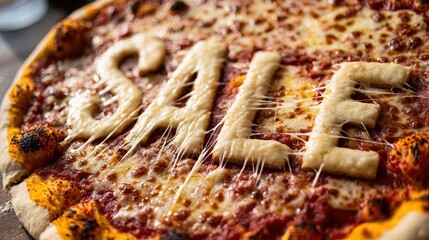 Delicious pizza topped with sale letters made of cheese during a food promotion event