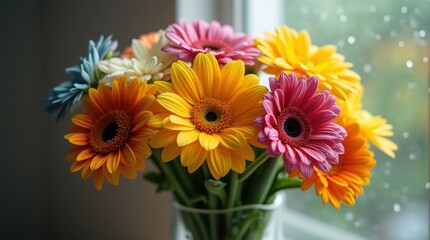Vibrant Flower Bouquet in Glass Vase with Raindrops