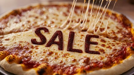 Delicious pizza with sale message and gooey cheese pulling apart