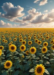 Obraz premium Endless sea of golden sunflowers waving in the wind on a serene blue sky with a few puffy clouds, wildflower meadow, countryside, endless hills