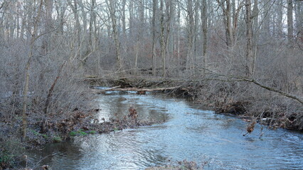 The forest landscape with one river running in the valley in winter
