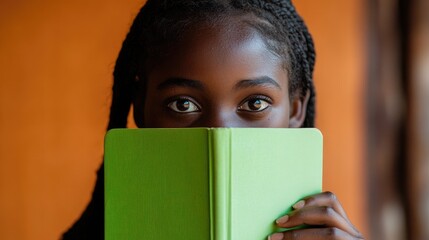 Young Girl Hiding Behind A Green Book