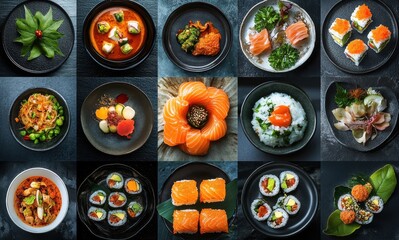 A Culinary Collection of Artistic Sushi and Japanese Dishes Displayed on Elegant Black Plates Captured From Above for Gourmet Food Lovers