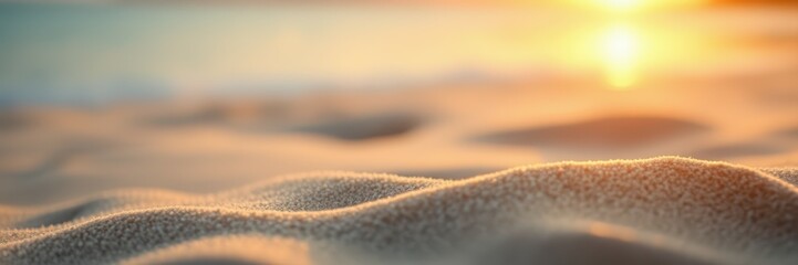 Serene sunset on sandy beach with gentle waves and warm colors illuminating the horizon