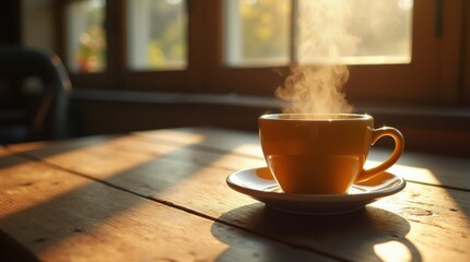 Fototapeta premium Steaming Cup of Coffee on Rustic Wooden Table