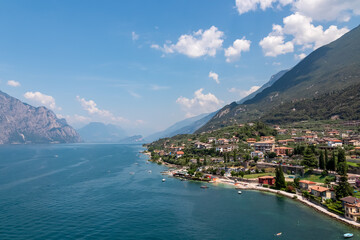 Aerial view of idyllic coastline of Lake Garda seen from viewing platform Rivellino of Scaliger...