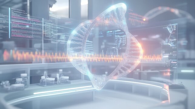 Transparent floating DNA strands in a computerized medical lab with interactive data surrounding the process of gene editing represented by streams of luminous light 