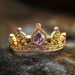 Elegant Crown-Shaped Ring with Gemstone Displayed Rustic Background Luxury Jewelry