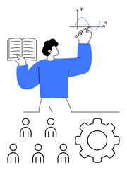 Person holding book and drawing graph gear icon, and stylized audience. Ideal for education, teaching, learning, presentation, mathematics, knowledge, teamwork. Line metaphor