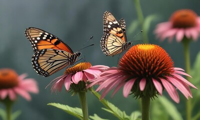 Fototapeta premium A single butterfly perched on a coneflower head, Speyeria aphrodite, closeup