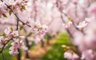 Obraz premium Blooming cherry blossoms illuminate the spring landscape in a serene orchard setting