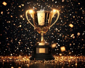 A shiny gold trophy surrounded by sparkling confetti against a dark background, symbolizing achievement and celebration.