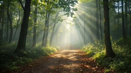 Obraz premium Realistic depiction of a misty forest path, with rays of sunlight breaking through the trees, symbolizing the transcendentalist belief in the spiritual essence of nature