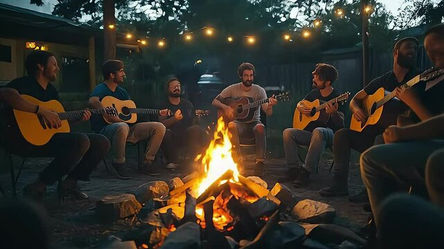 Group of men enjoying a guitar jam session by a campfire at night.