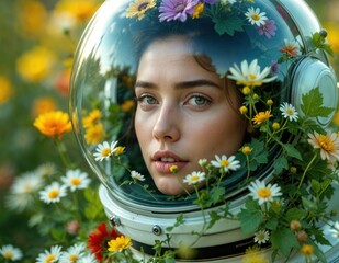 Surreal image of a girl astronaut with flowers close-up. AI generation