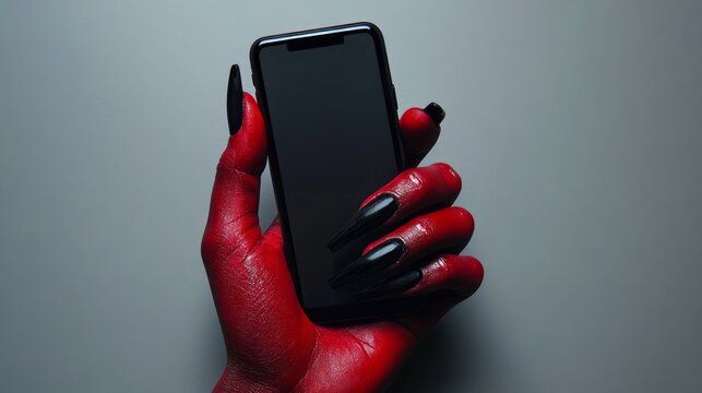 Red devil hand holding a smartphone with black screen.