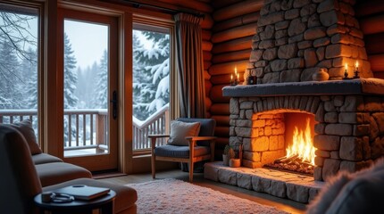Fototapeta premium Cozy Mountain Lodge with Roaring Fire and Falling Snow