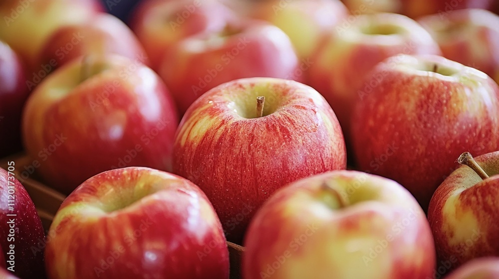 Poster freshly picked, vibrant red apples are being meticulously graded and sorted in a lively fruit proces