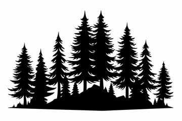 Black Silhouette of Pine Forest on White Background