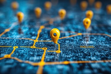 Detailed Geographic Map with Location Pins and Network Lines