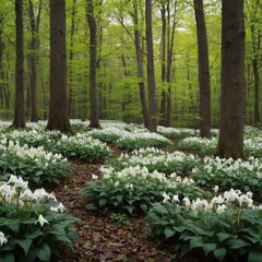 Obraz premium A dense woodland covered in white trilliums,Cluster of Anemone Nemorosa White Flowers.
